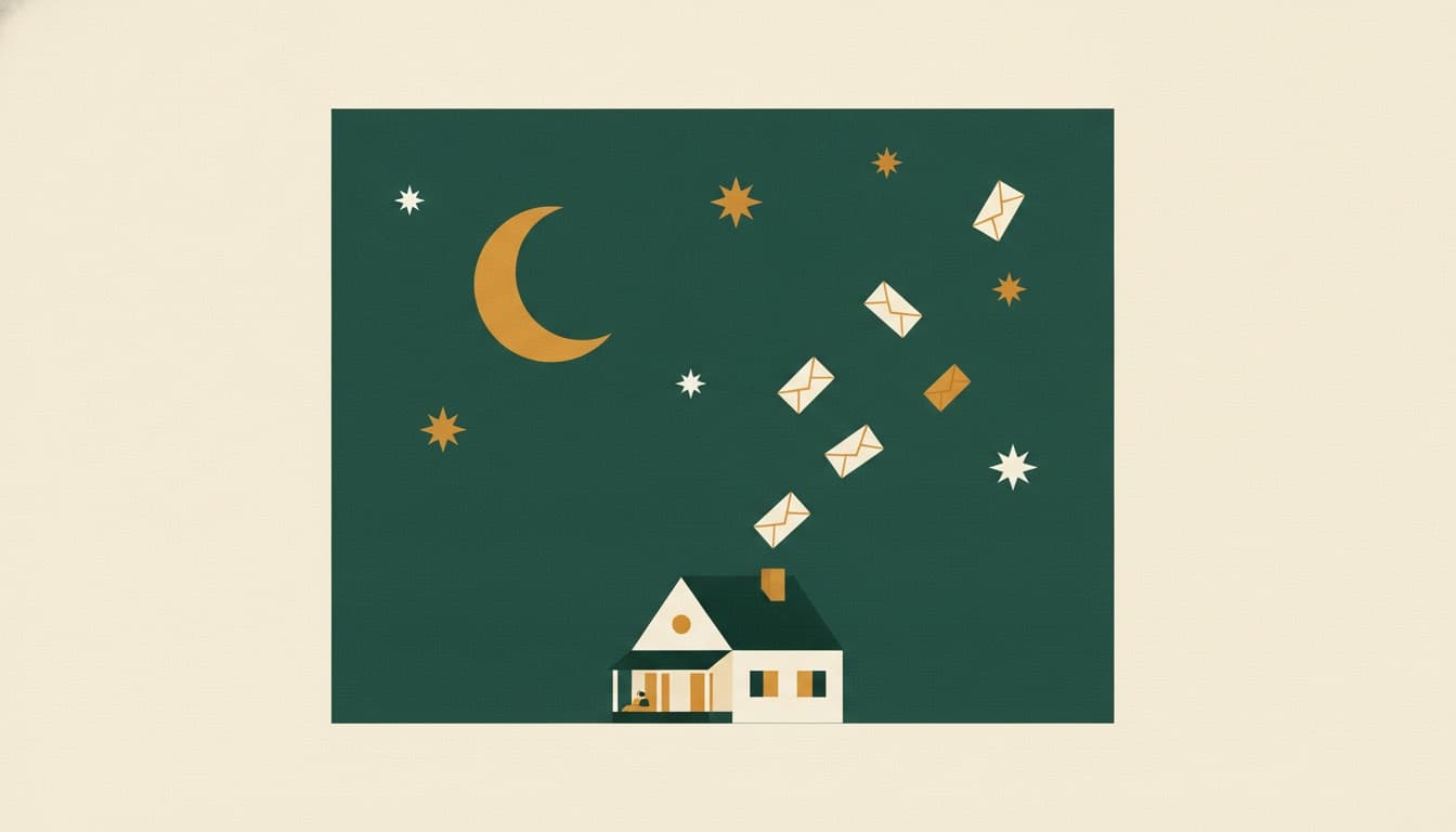 Illustration of envelope paper planes flying out of a house chimney at night