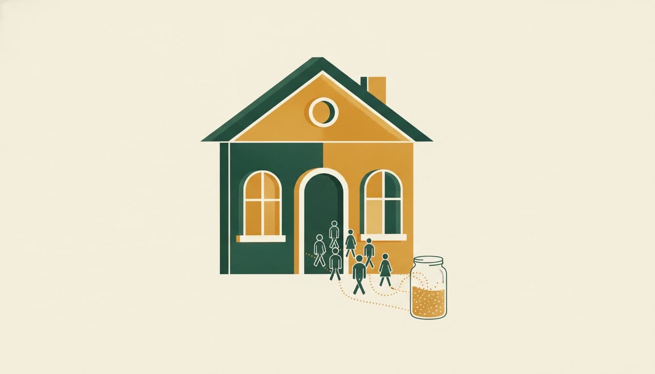 Illustration of six guests leaving a house, their trails flowing into one jar at the doorway