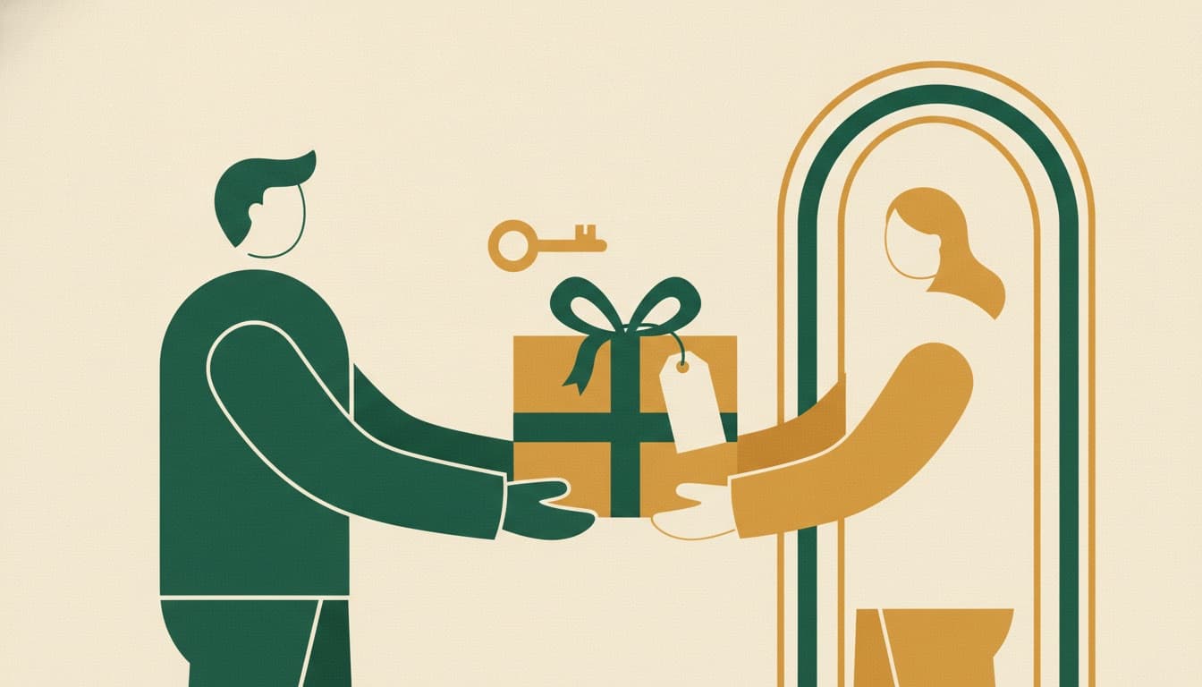 Illustration of a host handing a gift box and key to a traveler at a doorway