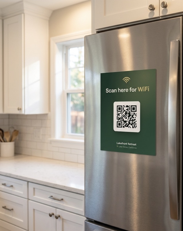 GuestLink QR code card placed on the fridge of a vacation rental kitchen