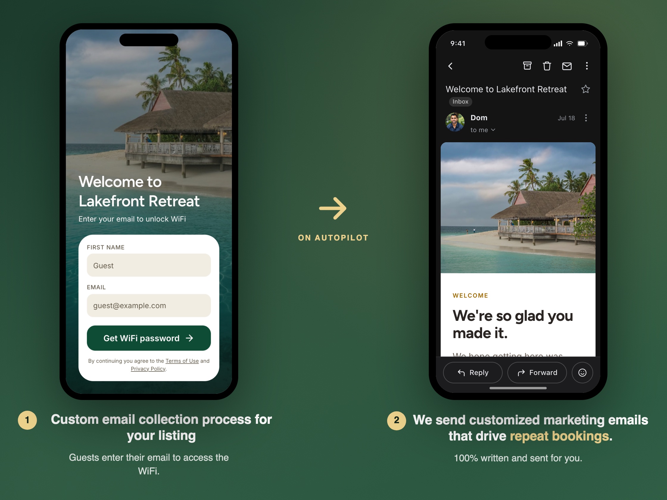 Two steps: the guest email collection page on a phone, then the welcome email in Gmail. Guests enter their email to access the WiFi; we send the marketing emails that drive repeat bookings, written and sent for you.