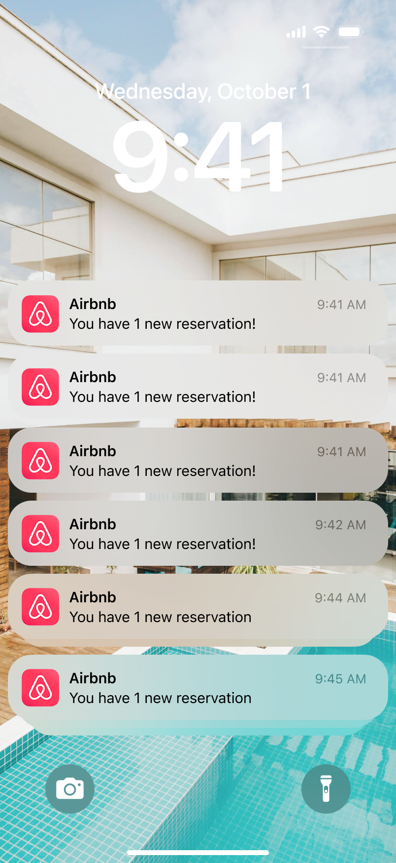 Phone lockscreen showing a stack of new direct booking notifications