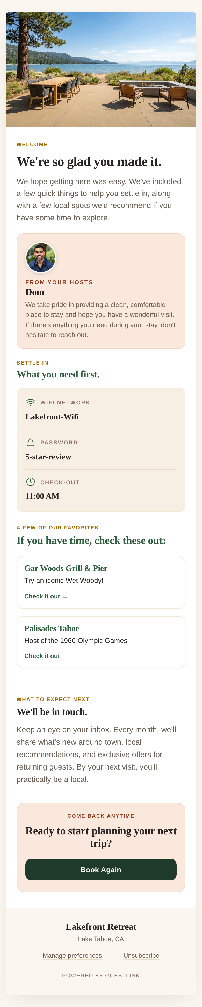 The real GuestLink welcome email scrolling on a phone