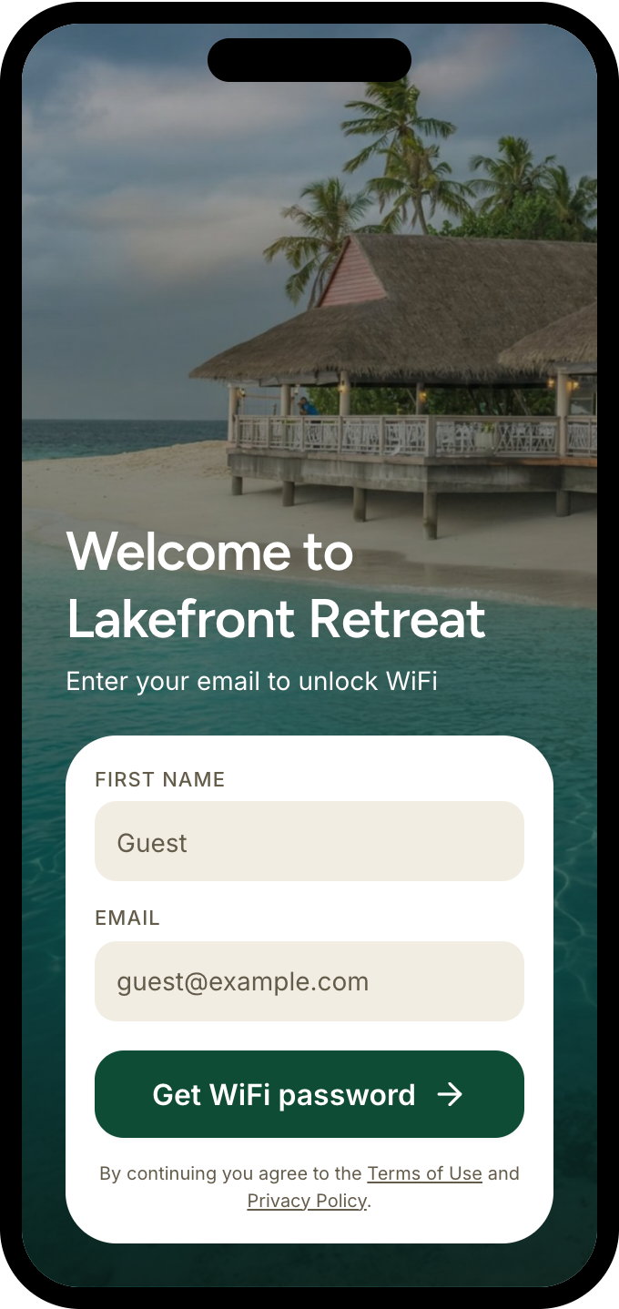 The live email collection page asking for first name and email to unlock WiFi