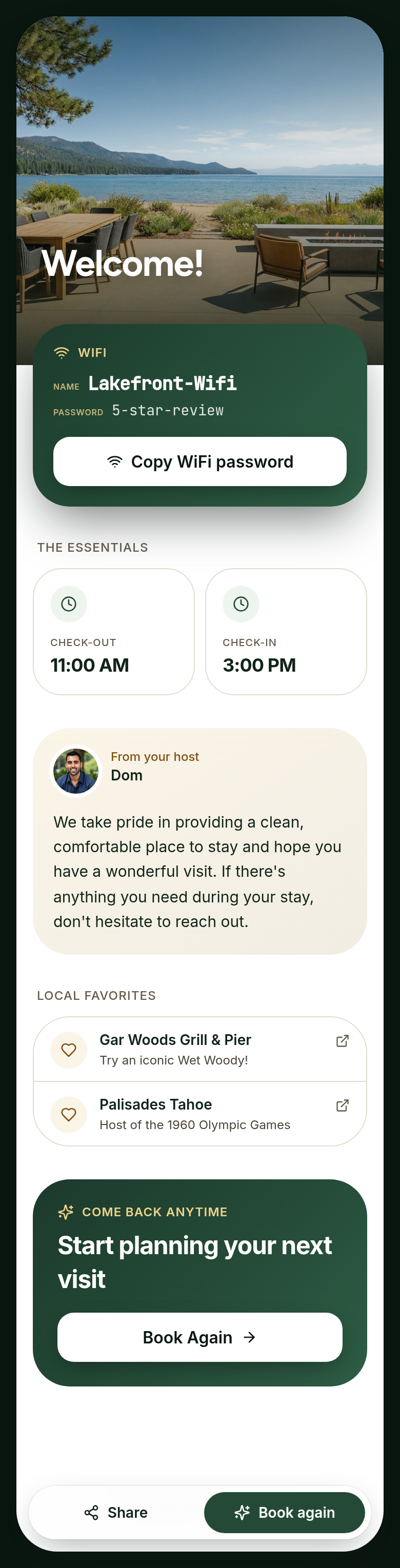 Guest welcome page with WiFi credentials, host details, and local recommendations